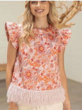 Floral Flutter Sleeve Feather-Trim Top - Pink Orange